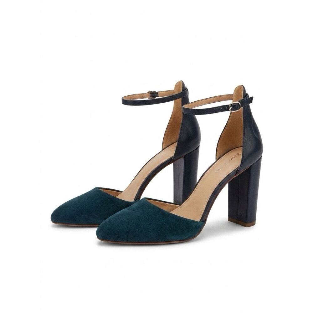 Classic Ankle-Strap Block Heel Blue Suede and Leather